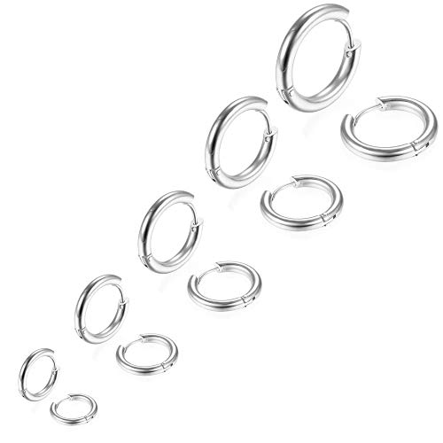 5 Pares Acero Inoxidable Pendientes pour Hombre Mujer Niña Chico Pendientes Aros Plata, Pendientes Hombre Aro, Pendientes Mujer Plata, Bisuteria Pendientes Plata Hombre Mujer Aros de Plata 8MM-16MM