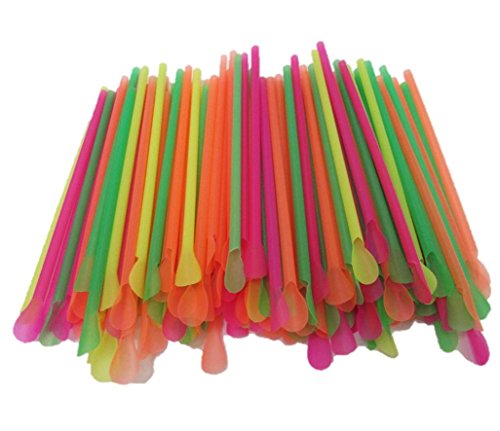 500 pajitas de Cuchara Colores neón Surtidos SNO-Cone pajitas de plástico Potable con cucharas (7 3/4 "plástico batido pajitas.