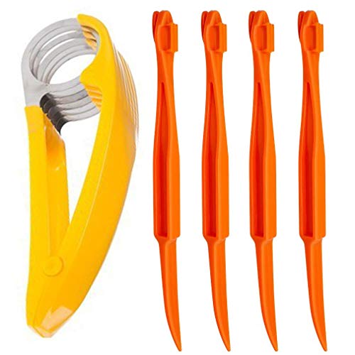 5pcs Banana Slicer, peladores de naranja cítricos, fruta limón piel removedor rebanadora pepino kiwi salchichas ensalada verduras, herramientas de frutas de mano