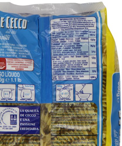 5x De Cecco Fusilli No. 34 Italian Pasta 500g