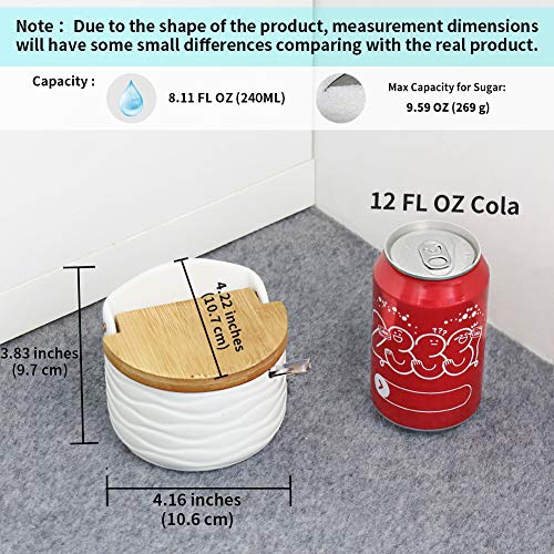 77L Azucarero, 240 ML (8.11 FL OZ) Cuenco de cerámica blanca y tapa de bambú, perfecto para la cocina, incluye cuchara, diseño moderno,Sirviendo para azúcar, sal, especias y más, Blanco