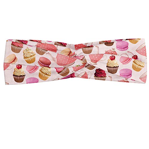 ABAKUHAUS Diadame Postre, Banda Elástica y Suave para Mujer para Deportes y Uso Diario Ilustración realista de confitería Elementos del lunar de teteras y tazas de Macarons, Multicolor