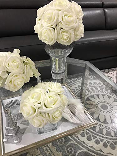 ACDE 25 Piezas Rosas Artificiales, Flores Artificiales Rosa Espuma con Hoja y Vástago Ajustable para Bricolaje Ramos de Boda Decoraciones para el Hogar Nupciales (Marfil)