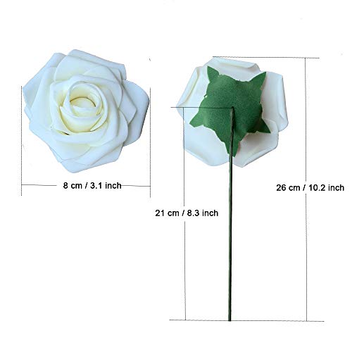 ACDE 25 Piezas Rosas Artificiales, Flores Artificiales Rosa Espuma con Hoja y Vástago Ajustable para Bricolaje Ramos de Boda Decoraciones para el Hogar Nupciales (Marfil)