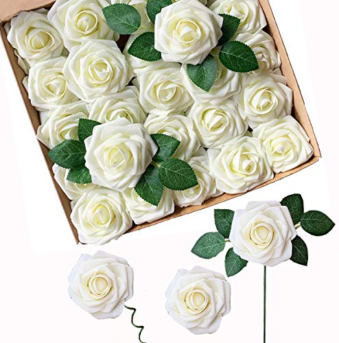 ACDE 25 Piezas Rosas Artificiales, Flores Artificiales Rosa Espuma con Hoja y Vástago Ajustable para Bricolaje Ramos de Boda Decoraciones para el Hogar Nupciales (Marfil)