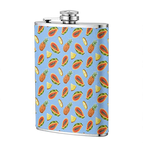 Acuarela Patrón de papaya y piña Frasco de cadera de acero inoxidable de 8 oz Hombre divertido, padrino de boda, esposo, esposa, licor de mujer