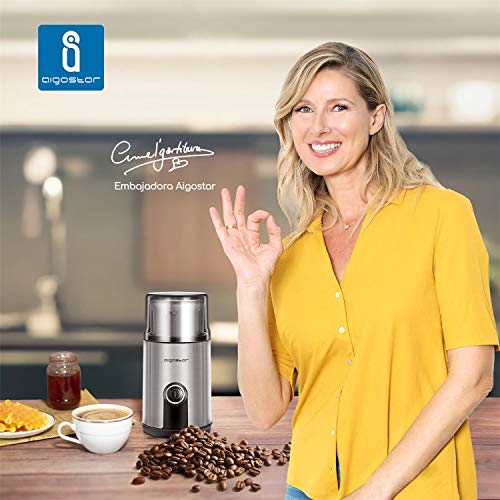Aigostar Otto 30RYH - Molinillo compacto de café, especias, semillas o granos. Capacidad 75 gr, 200W, interior desmontable, cuchillas de acero inoxidable antidesgaste, dosificador. Libre de BPA.