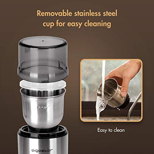 Aigostar Otto 30RYH - Molinillo compacto de café, especias, semillas o granos. Capacidad 75 gr, 200W, interior desmontable, cuchillas de acero inoxidable antidesgaste, dosificador. Libre de BPA.