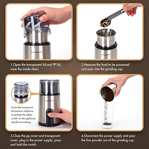Aigostar Otto 30RYH - Molinillo compacto de café, especias, semillas o granos. Capacidad 75 gr, 200W, interior desmontable, cuchillas de acero inoxidable antidesgaste, dosificador. Libre de BPA.