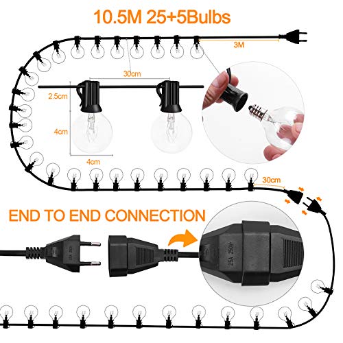 Aimosen Guirnalda Luces Exterior, 10.5M Guirnaldas Luminosas de Exterior con G40 25 Bombillas +5 Bombilla de Repuesto IP44 Impermeable Perefcto Para Fiesta Boda Jardín Patio Cafe Balcón, Bianco Caldo