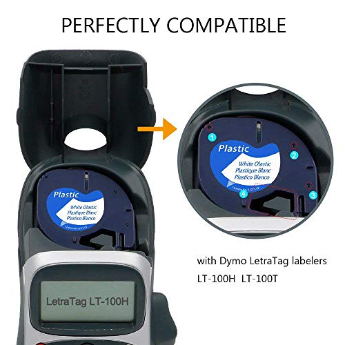 Aken - Cinta de Etiquetas compatible para usar en lugar de Dymo Letratag Cinta Etiquetas Plástico 12mm x 4m Negro sobre Blanco, Recambios S0721610 para Dymo Etiquetadoras LT-100h LT-100T LT-110T XR XM