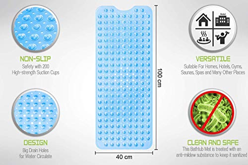 Alfombrilla Antideslizante bañera De Baño Esterilla De Ducha， Caucho Natural Antideslizante 100cm X 40cm Estera De Baño Alfombra De Baño Antideslizante con Ventosas para Niños Ancianos (Azul)