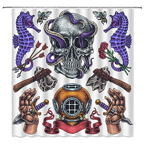 Aliyz Cortina de Ducha de Halloween Esqueleto Esqueleto Pulpo Caballito de mar Rosa Negro alquimia decoración Cortina de Ducha Tela decoración de baño con Gancho 72x72 Pulgadas