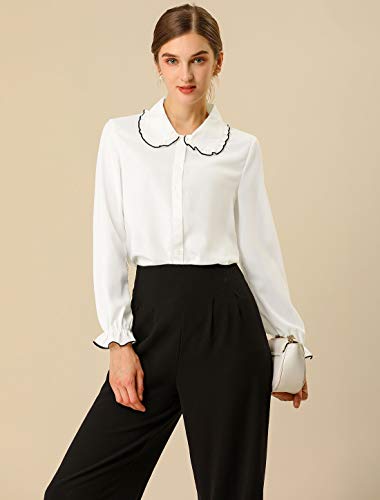 Allegra K Blusa De Manga Larga con Cuello De Peter Pan Y Volantes Dulces para Mujer Blanco XS