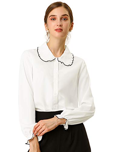 Allegra K Blusa De Manga Larga con Cuello De Peter Pan Y Volantes Dulces para Mujer Blanco XS