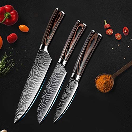 Alta calidad Cuchillo de la fruta de la carne de 3PCs japonesa cuchillos del cocinero láser Damasco patrón de acero inoxidable 440C Cleaver rebanar Santoku (Color : 3pcs)