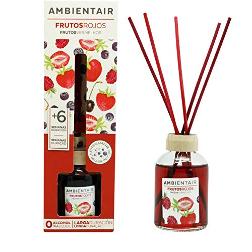 Ambientair. Difusor de Varillas perfumadas. Ambientador Mikado de Frutos Rojos, difusor con palitos de ratán. El Mejor ambientador sin Alcohol para casa. Ambientador para la Cocina y baño.