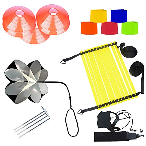 AMIGOB 7PCS Kit Entrenamiento Velocidad y Agilidad de Fútbol, Paracaídas de Resistencia, 8m Escalera de Agilidad, Football Bungee, Conos, Fútbol Capitán Brazalete, Clavos Metálicos y Bolsa