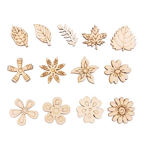Amosfun 50 Piezas Adorno de Madera en Forma de Flores Hojas Piezas de Madera para Scrapbooking Bricolaje (Burlywood)