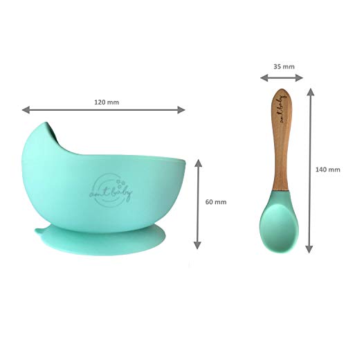 AMTBABY Vajilla silicona Bebé. Bowl con ventosa, Cuchara de madera y Mordedor. Aprendizaje BLW | Dentición | Perro