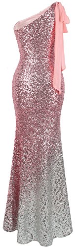 Angel-fashions - Vestido largo de fiesta de graduación de lentejuelas asimétricas con lazo degradado para mujer - Rosa - Small