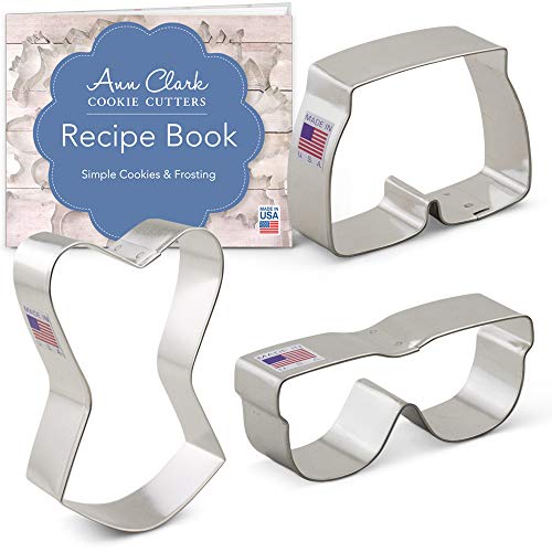 Ann Clark Cookie Cutters Juego de 3 cortadores de galletas verano/natación con libro de recetas, gafas de sol, bañador corto y traje de baño