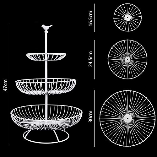 Apark Frutero de 3 pisos, Desmontable Metal Cesta Fruta, para Conservan Frutas, Verduras, Bocadillos o Pan, Tamaño de la Cesta de Frutas: 16.5CM, 24.5CM, 30CM, Altura: 47CM (Blanco)