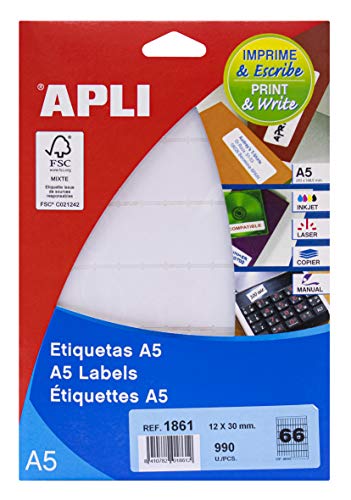 APLI 1861 - Etiquetas A5 blancas 12,0 x 30,0 mm 15 hojas