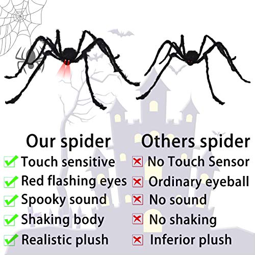 Araña Halloween, Decoracion Halloween Jardin incluye Araña gigante con Ojos iluminados y Sonido espeluznante, Telaraña, 20 mini Arañas, Telaraña Decor aterradora para Halloween fiesta, Puerta, Casa