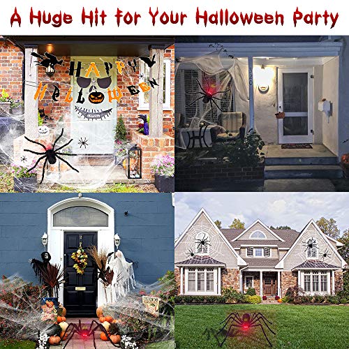 Araña Halloween, Decoracion Halloween Jardin incluye Araña gigante con Ojos iluminados y Sonido espeluznante, Telaraña, 20 mini Arañas, Telaraña Decor aterradora para Halloween fiesta, Puerta, Casa