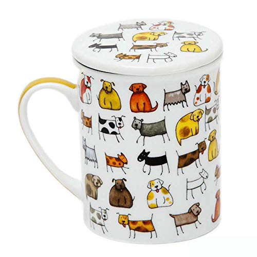 Aromas de Té - Taza de Té con Filtro y Tapa - Tisana Infusiones y tes - de Porcelana con Infusor de Acero - Diseño De Perros - Capacidad 25 cl