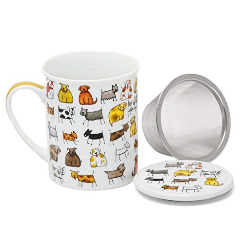 Aromas de Té - Taza de Té con Filtro y Tapa - Tisana Infusiones y tes - de Porcelana con Infusor de Acero - Diseño De Perros - Capacidad 25 cl
