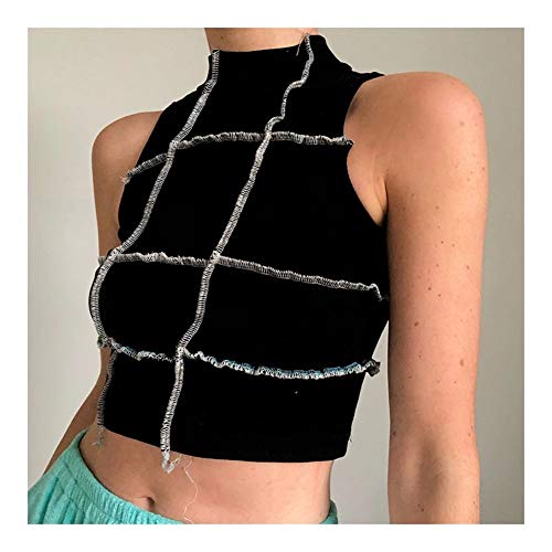 Arriba Camiseta Interior sin Mangas de la Manera de Las Mujeres de Punto canalé Crop Tops Summer Street Delgado elástico Casual Wear T Chaleco Negro Durable (Color : Black, Size : M)