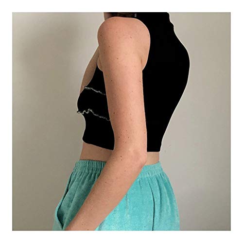 Arriba Camiseta Interior sin Mangas de la Manera de Las Mujeres de Punto canalé Crop Tops Summer Street Delgado elástico Casual Wear T Chaleco Negro Durable (Color : Black, Size : M)