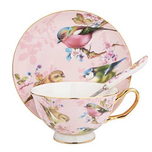 Artvigor 4 Juegos de Tazas de Café de Porcelana, 200ml, Juegos de Café de Cerámica Vajillas de té para Hogar, Oficina, Cafetería, Restaurante, Regalo para Cumpleaños, Festival - Flores y Pájaros, Rosa