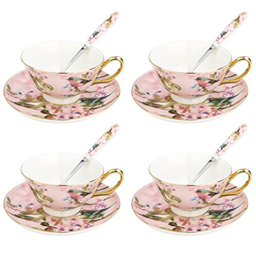 Artvigor 4 Juegos de Tazas de Café de Porcelana, 200ml, Juegos de Café de Cerámica Vajillas de té para Hogar, Oficina, Cafetería, Restaurante, Regalo para Cumpleaños, Festival - Flores y Pájaros, Rosa