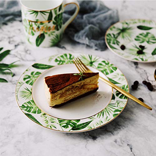Asbjxny Belleza Oro Estilo Europeo Plantas Verdes Patrón Vajilla de cerámica Vajilla de Porcelana Set Bone China Plato Taza Taza y platillo-si