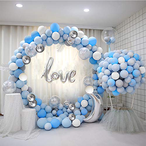 ATFUNSHOP Arco De Globos de Cumpleaños 5M 120PCS Globos Dorados Szul y Plata Metalizados Transparentes Confeti para Boda Baby Shower Fiesta Decoración