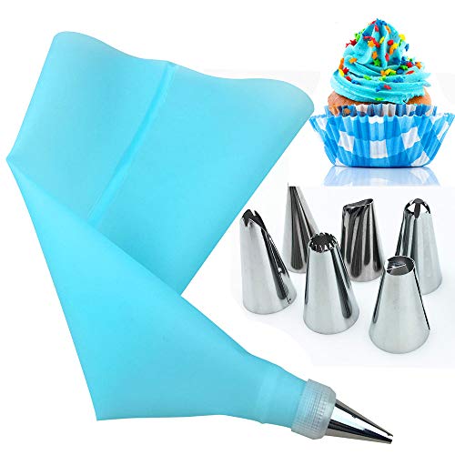 AukCherie Boquillas para repostería, 8 Piezas, de Acero Inoxidable, 6 boquillas, 1 Bolsillo para repostería, 1 acoplador, DIY Kits para decoración de Tartas (blue1)