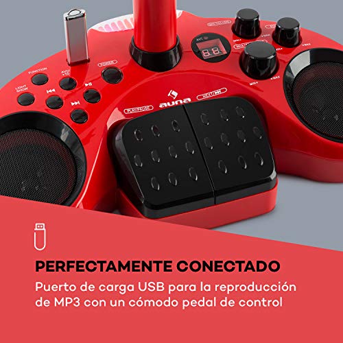 auna Kara Super Star - Equipo de Karaoke con Pedales , 2 x 2,5 W de Potencia Media , Puerto USB , Bluetooth , AUX , Alfombra de Karaoke con Luces LED , Atriles de micrófono , 2 micrófonos , Rojo