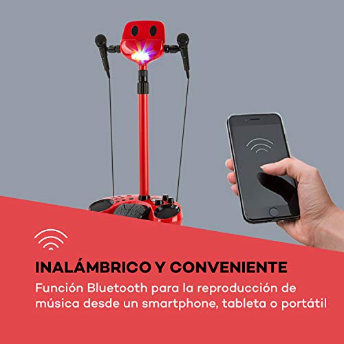 auna Kara Super Star - Equipo de Karaoke con Pedales , 2 x 2,5 W de Potencia Media , Puerto USB , Bluetooth , AUX , Alfombra de Karaoke con Luces LED , Atriles de micrófono , 2 micrófonos , Rojo