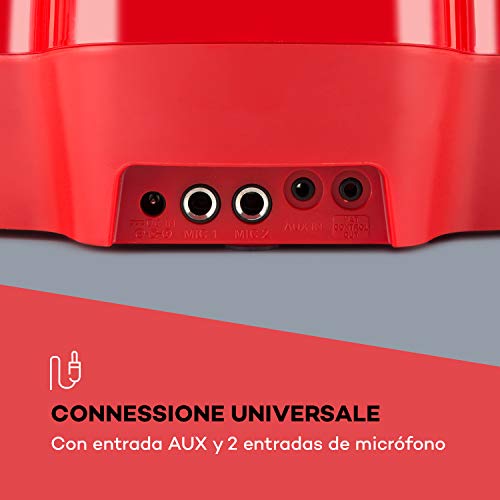 auna Kara Super Star - Equipo de Karaoke con Pedales , 2 x 2,5 W de Potencia Media , Puerto USB , Bluetooth , AUX , Alfombra de Karaoke con Luces LED , Atriles de micrófono , 2 micrófonos , Rojo