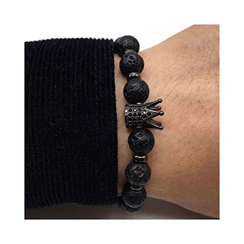 Awertaweyt Pulsera de Cuentas, Hot Fashion King Crown Men Bracelet Pave Black 8Mm Lava Stone Bead Bracelet For Men Women Luxury Jewelry Gift B259-12