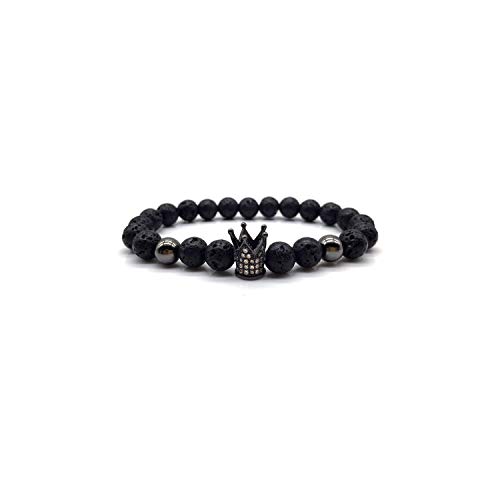 Awertaweyt Pulsera de Cuentas, Hot Fashion King Crown Men Bracelet Pave Black 8Mm Lava Stone Bead Bracelet For Men Women Luxury Jewelry Gift B259-12
