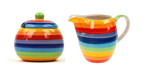 Azucarero y jarra de leche de cerámica multicolor arco iris, a rayas.