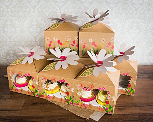 Bakewell's Cake Boxes 10 Cajas para Cupcakes Color Marrón con Diseño de Flores Para 4 Cupcakes o Muffins Decorativos Caja con 4 orificios (10 piezas)