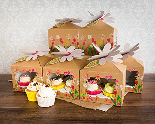 Bakewell's Cake Boxes 10 Cajas para Cupcakes Color Marrón con Diseño de Flores Para 4 Cupcakes o Muffins Decorativos Caja con 4 orificios (10 piezas)