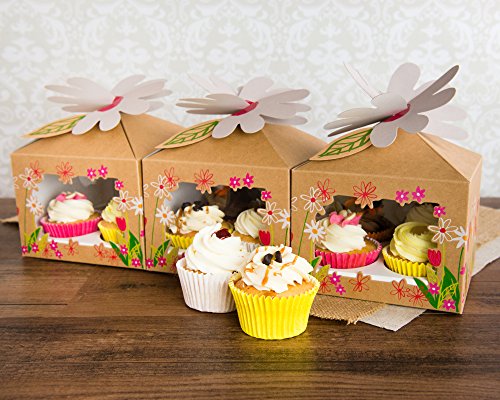 Bakewell's Cake Boxes 10 Cajas para Cupcakes Color Marrón con Diseño de Flores Para 4 Cupcakes o Muffins Decorativos Caja con 4 orificios (10 piezas)