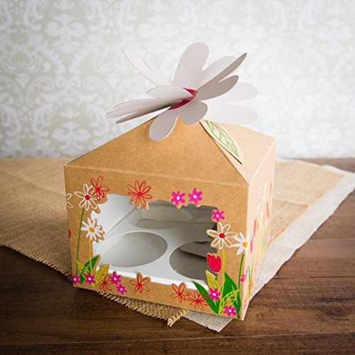Bakewell's Cake Boxes 10 Cajas para Cupcakes Color Marrón con Diseño de Flores Para 4 Cupcakes o Muffins Decorativos Caja con 4 orificios (10 piezas)