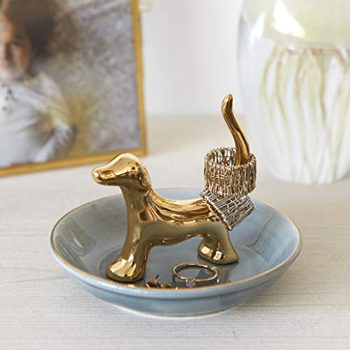 Balvi Porta Anillos Bassotto Color Dorado Decora tu Dormitorio con Este Original anillero en Forma de Perro elaborado en Porcelana Elegante diseño y Estilo Porcelana 8x10x10